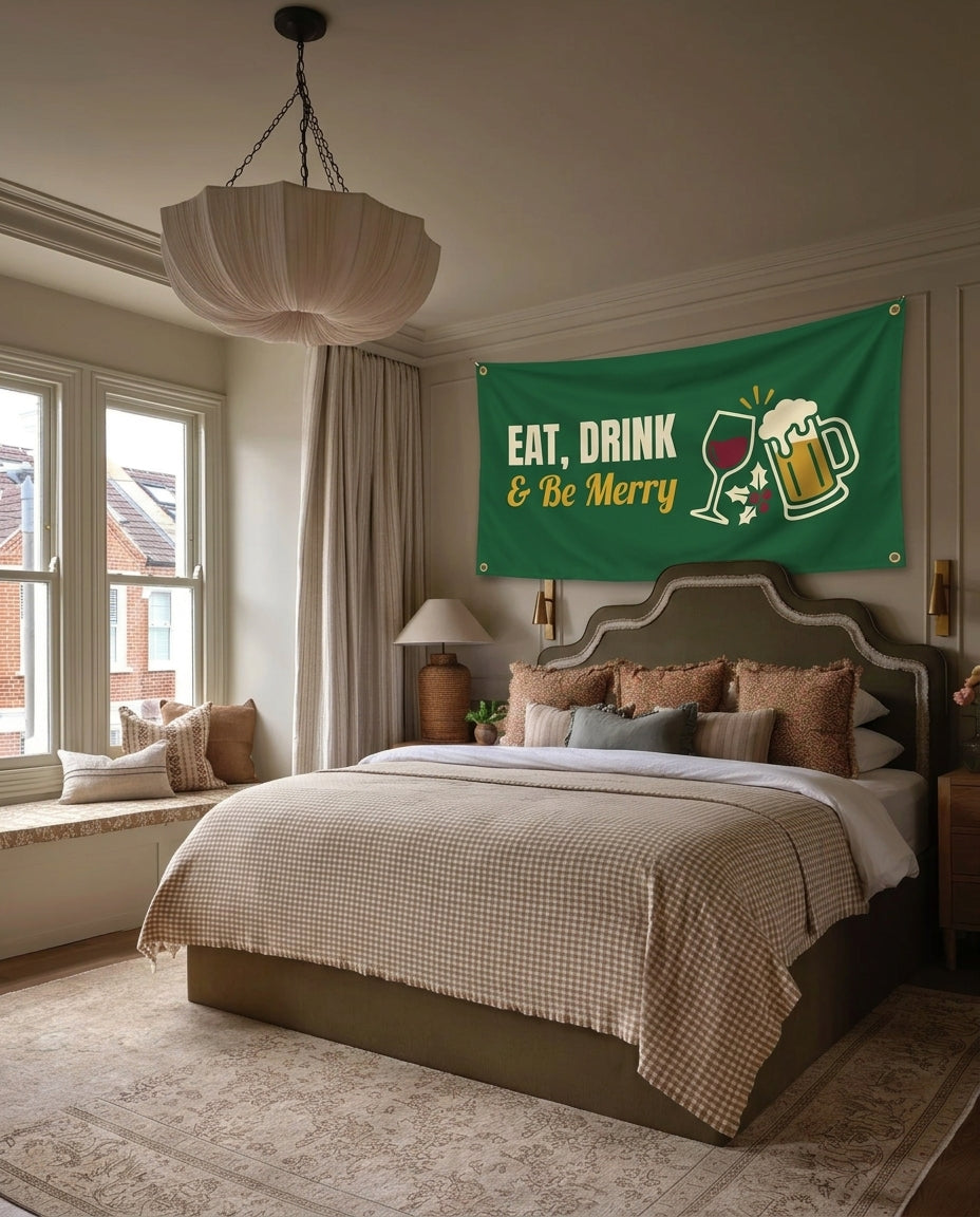 Eat Drink And Be Merry Christmas wall flag hanging in a bedroom