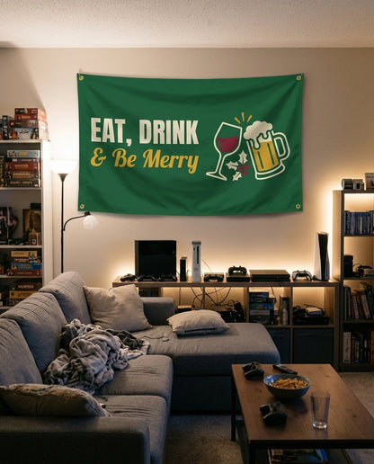 Eat Drink And Be Merry flag decorating a game room wall
