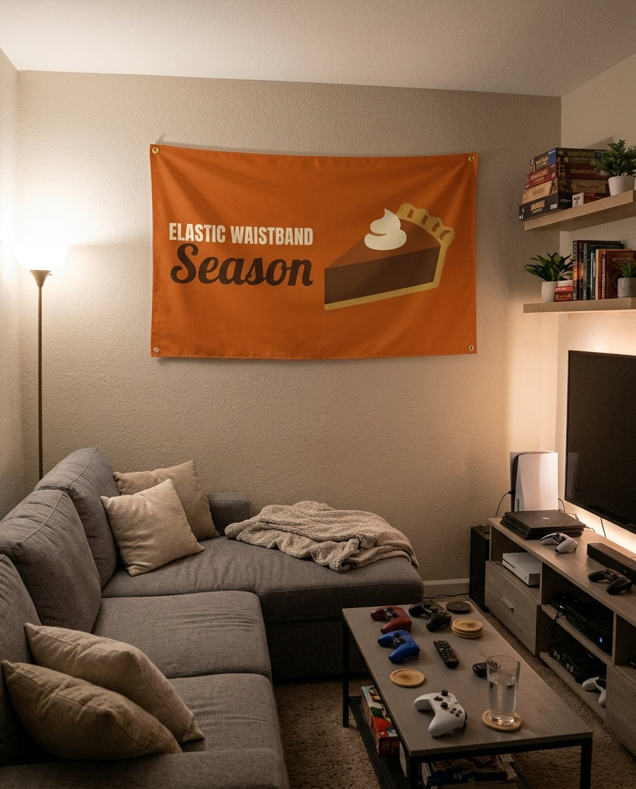 Elastic Waistband Season flag decorating a game room wall