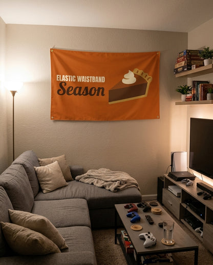 Elastic Waistband Season flag decorating a game room wall