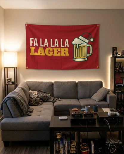 Fa La La La Lager flag decorating a game room wall