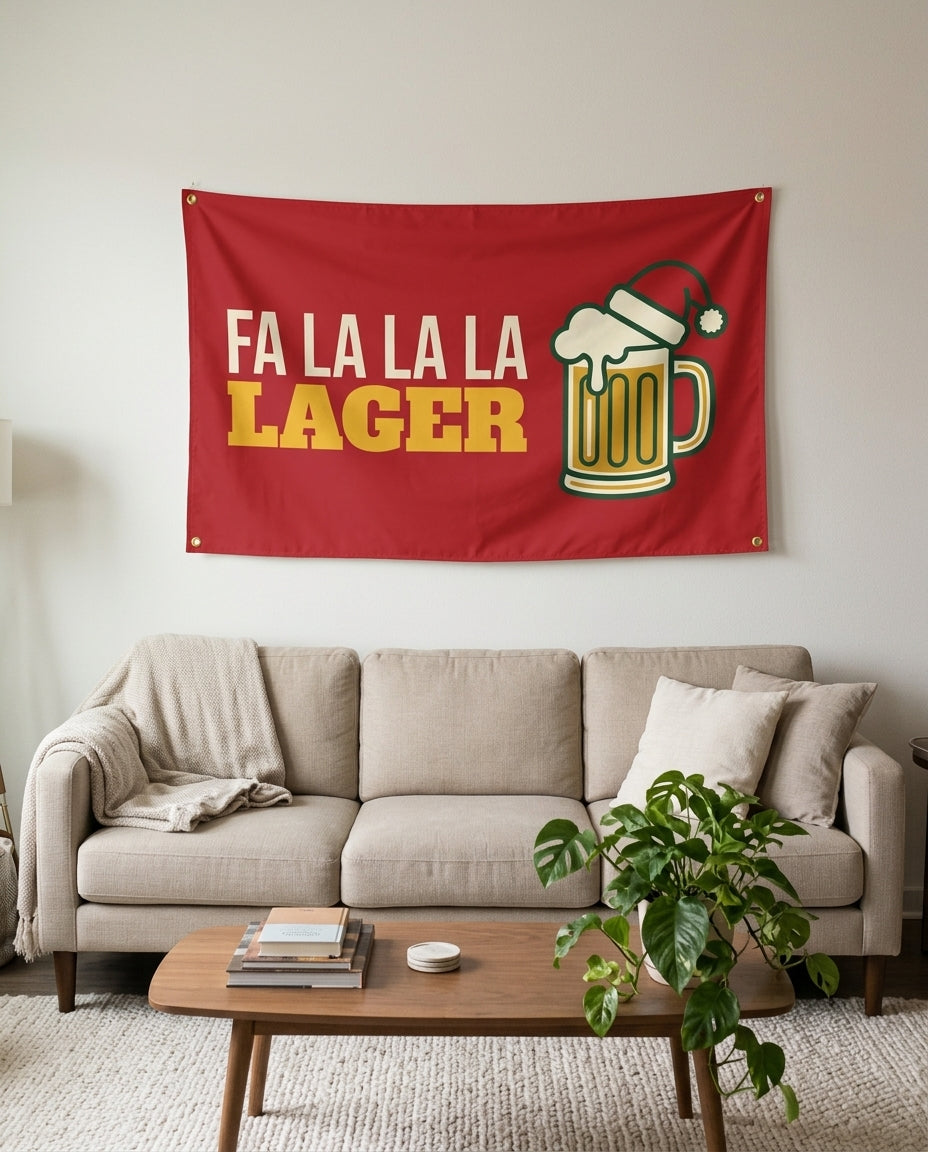 Fa La La La Lager flag used as living room wall decor