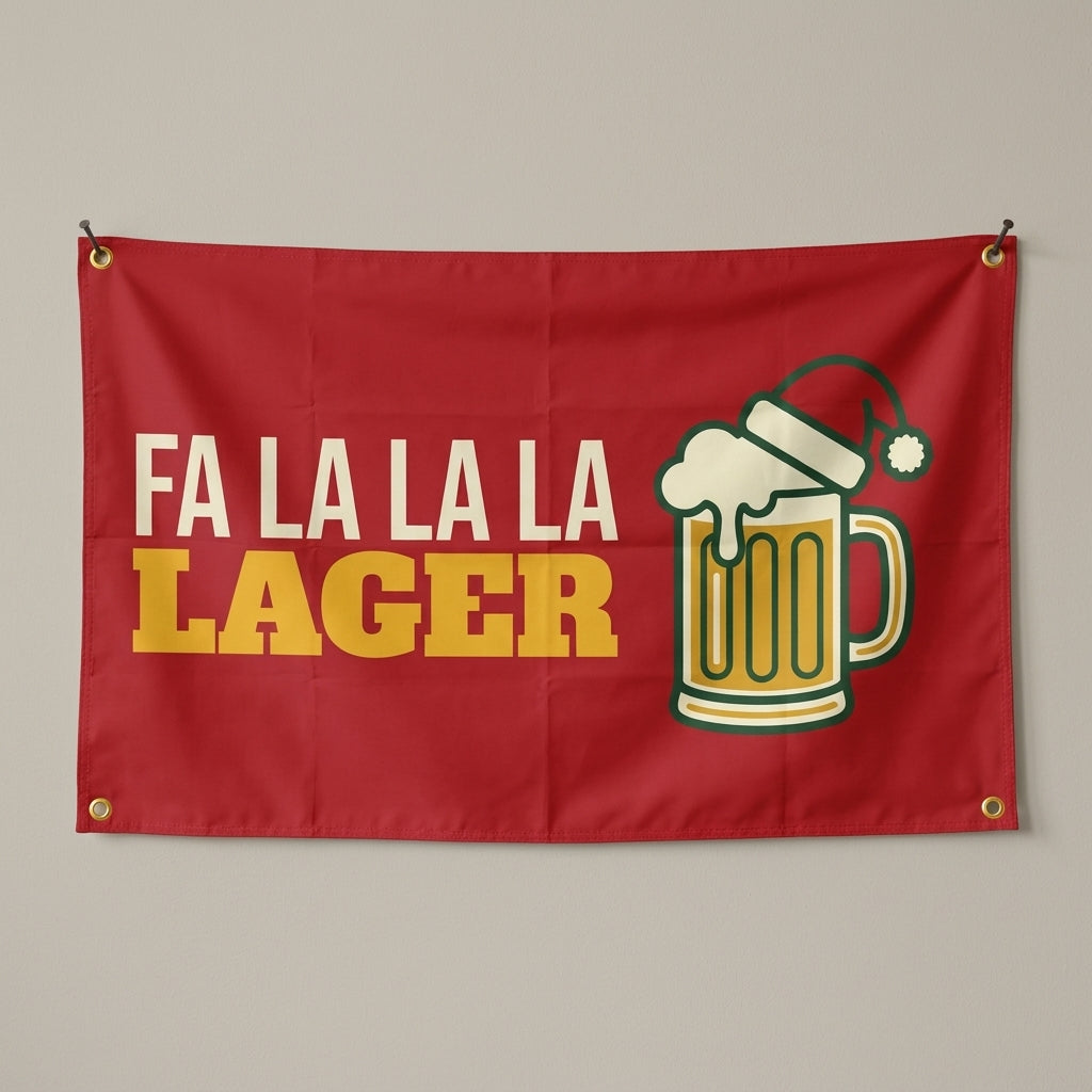 Fa La La La Lager flag 3x5 in red with a mug wearing a Santa hat, hung on a wall