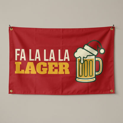 Fa La La La Lager flag 3x5 in red with a mug wearing a Santa hat, hung on a wall