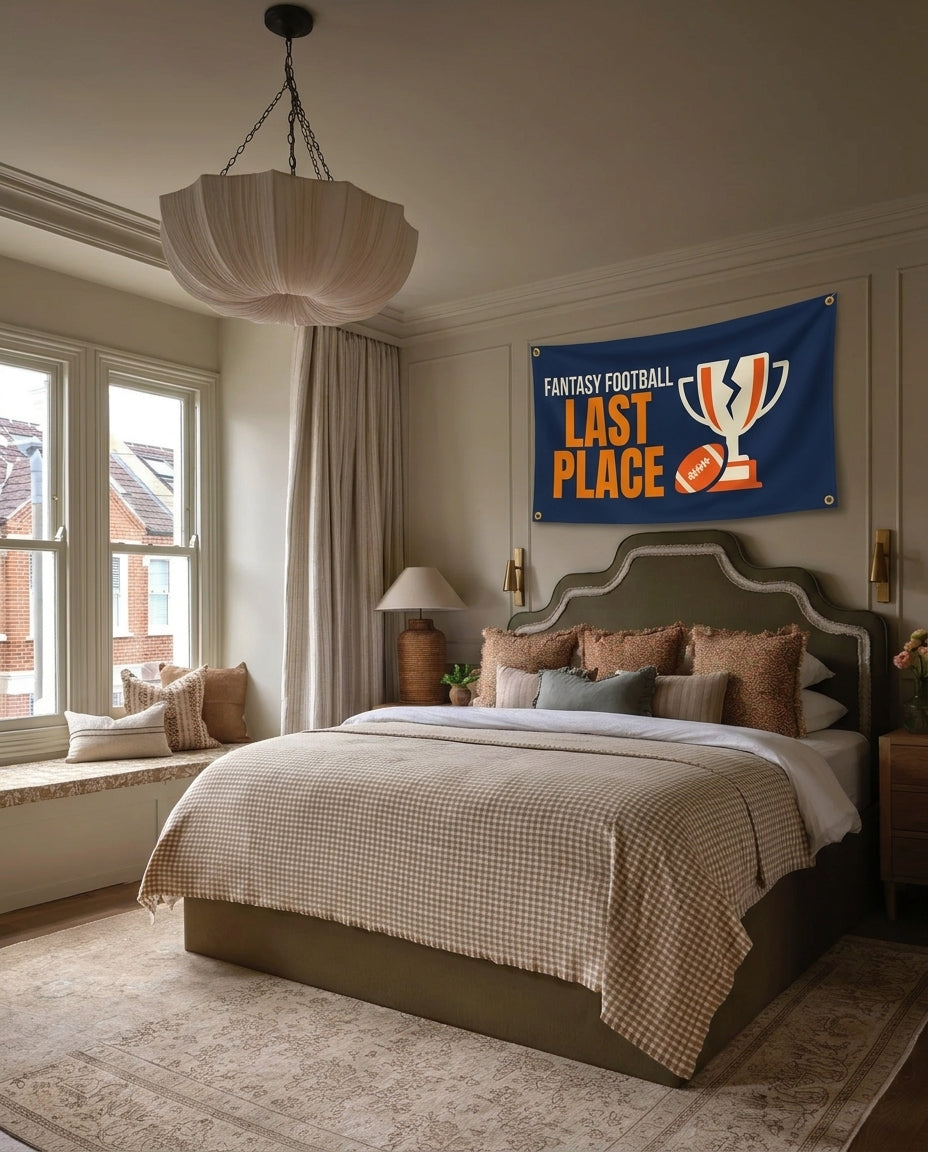 Last Place football wall flag hanging in a bedroom