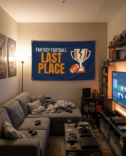Last Place flag decorating a game room wall