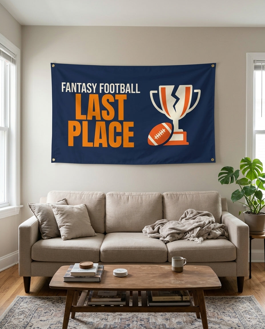 Last Place flag used as living room wall decor