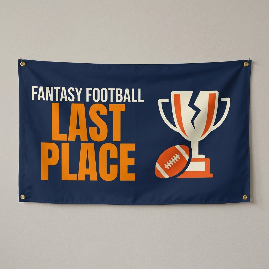 Last Place flag 3x5 in navy with a cracked trophy and football, hung on a wall