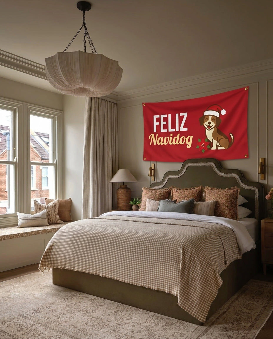 Feliz Navidog dog lover wall flag hanging in a bedroom