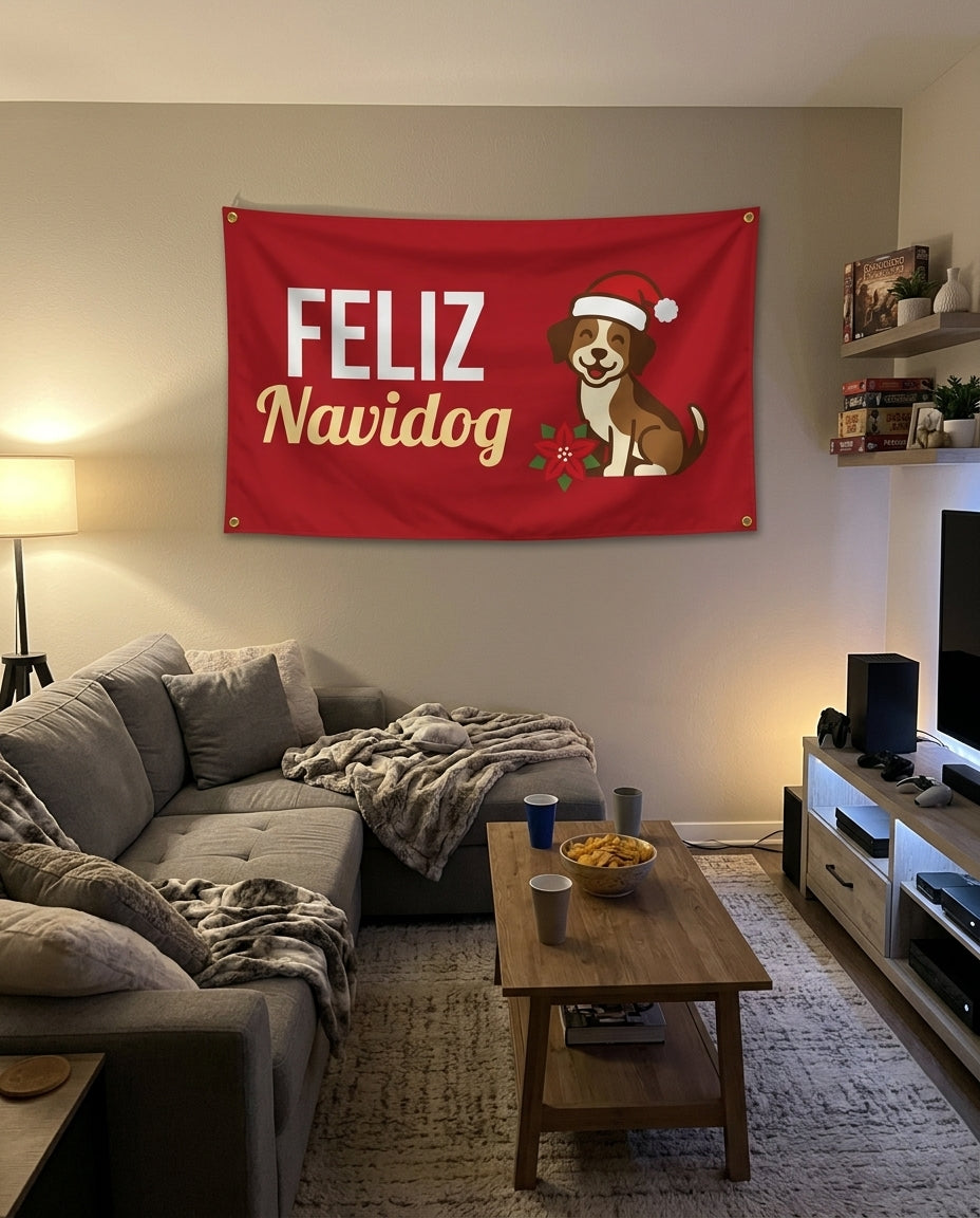 Feliz Navidog flag decorating a game room wall