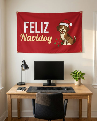 Feliz Navidog 3x5 flag on a home office wall