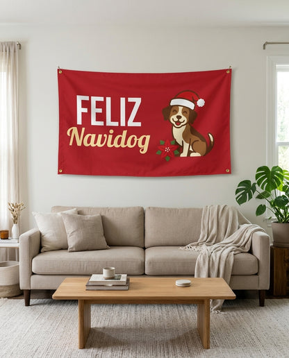 Feliz Navidog flag used as living room wall decor