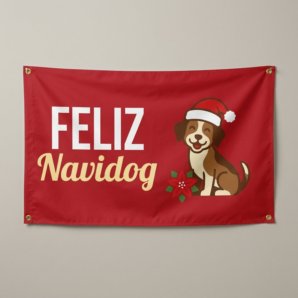 Feliz Navidog flag 3x5 in red with a puppy in a Santa hat, hung on a wall