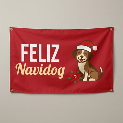 Feliz Navidog flag 3x5 in red with a puppy in a Santa hat, hung on a wall