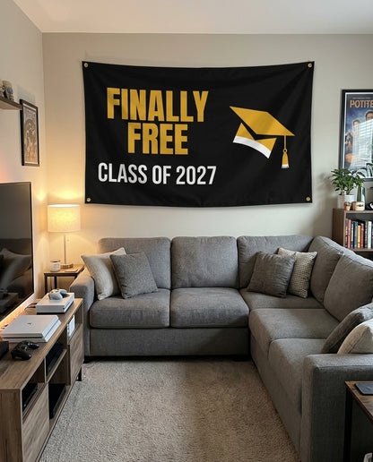 Finally Free Class Of 2027 flag decorating a game room wall