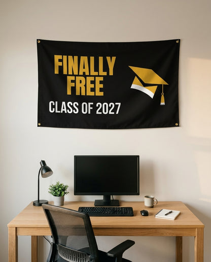 Finally Free Class Of 2027 3x5 flag on a home office wall