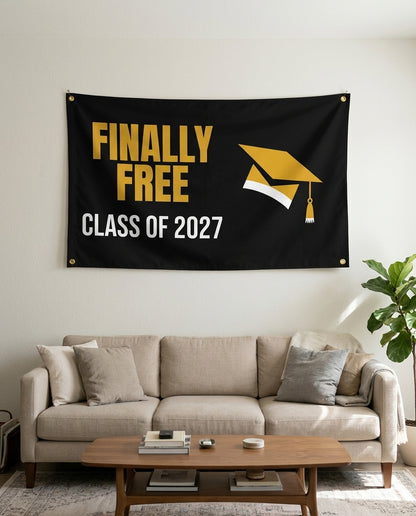 Finally Free Class Of 2027 flag used as living room wall decor