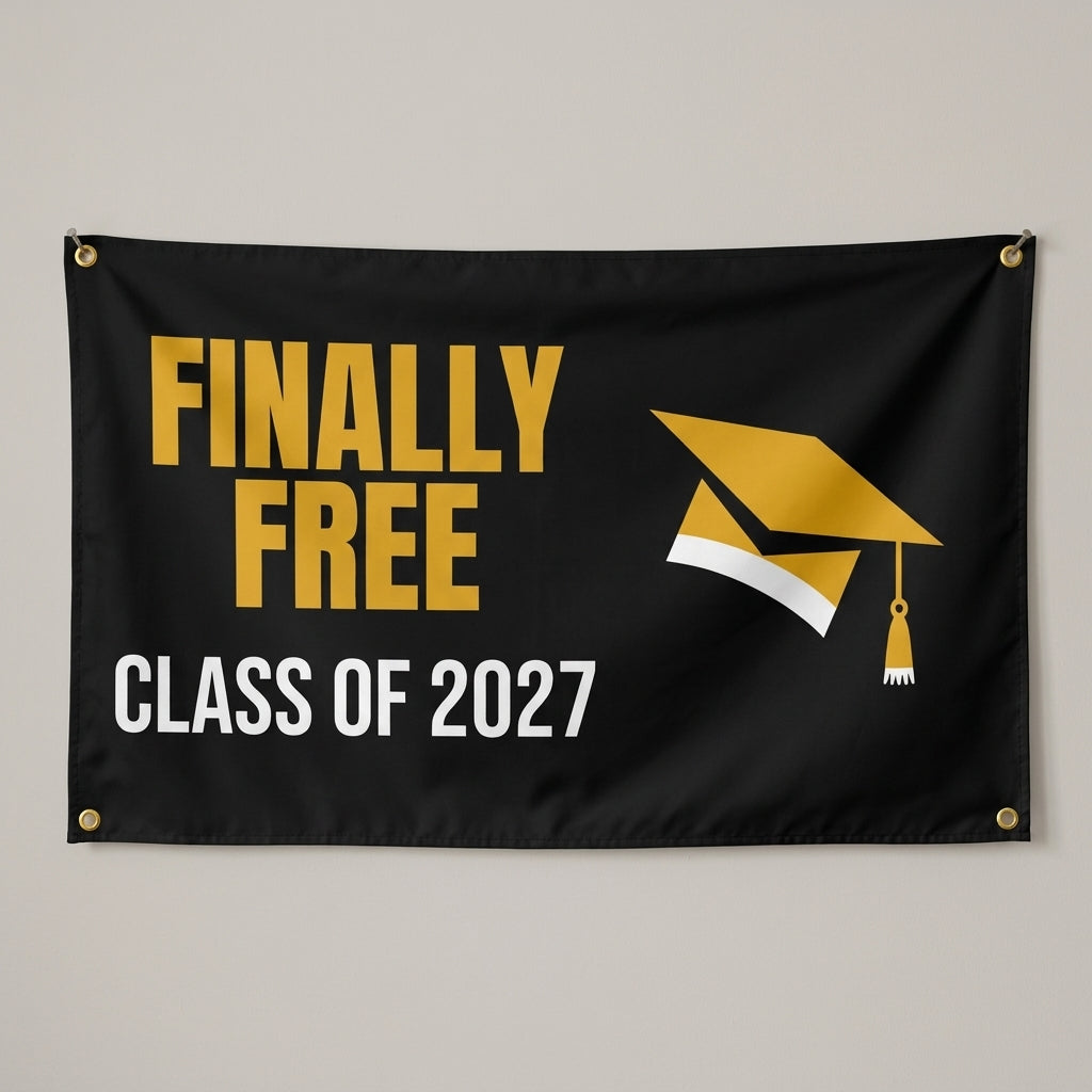 Finally Free Class Of 2027 flag 3x5 in black and gold with a tossed graduation cap, hung on a wall