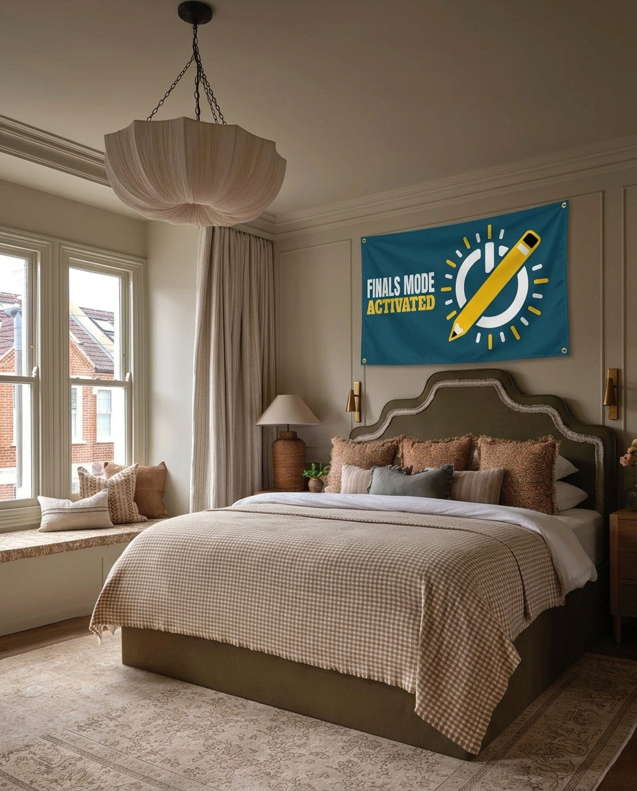Finals Mode Activated dorm wall flag hanging in a bedroom