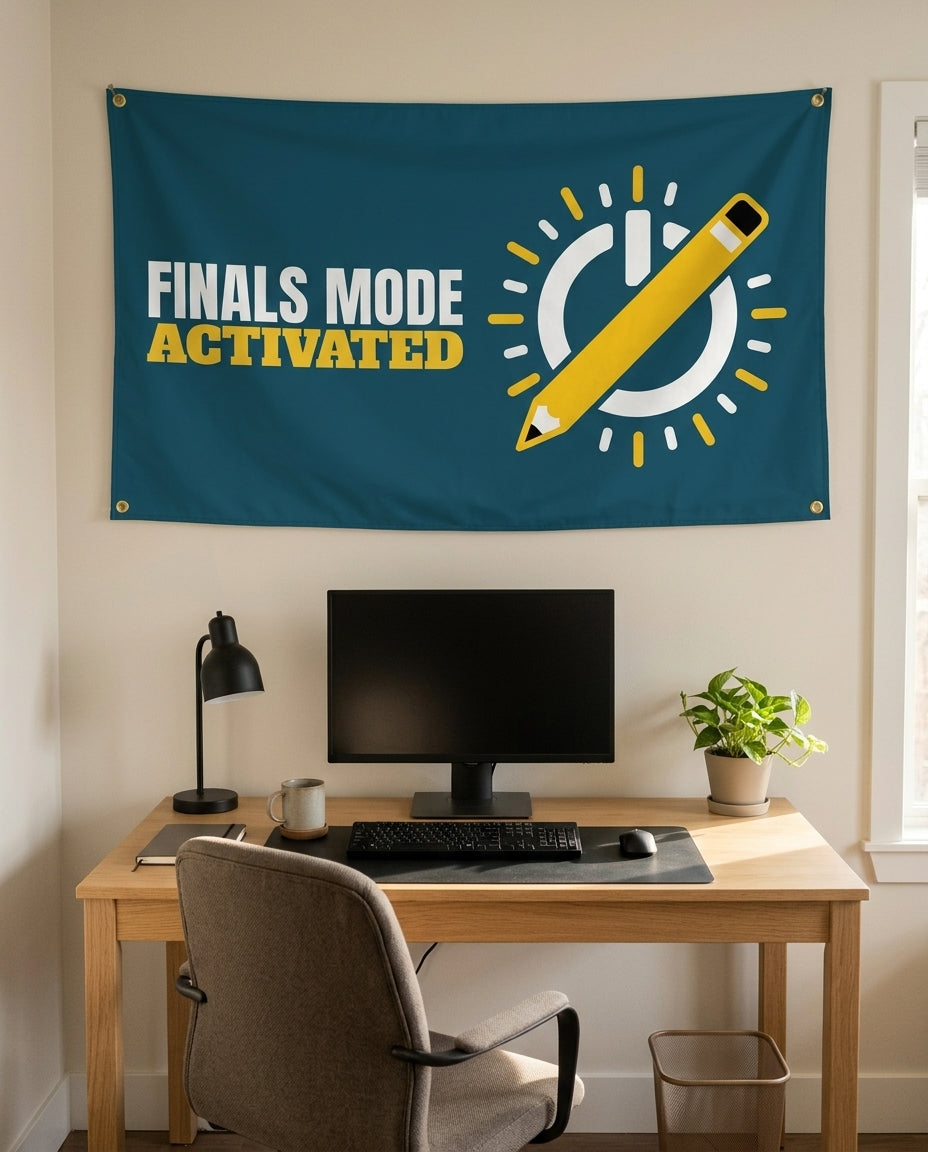 Finals Mode Activated 3x5 flag on a home office wall