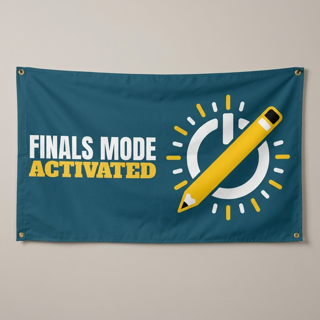 Finals Mode Activated flag 3x5 in dark teal with a power symbol and a pencil, hung on a wall