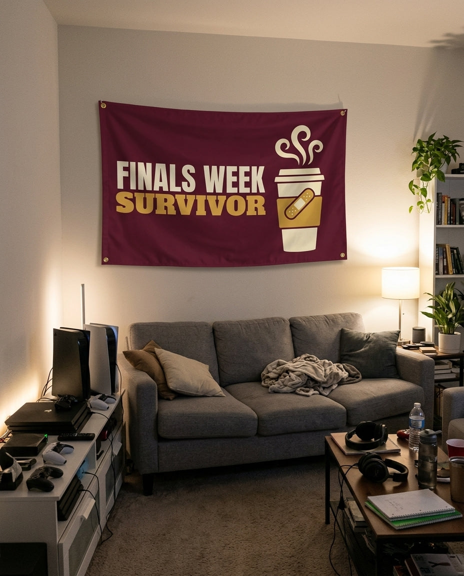 Finals Week Survivor flag decorating a game room wall