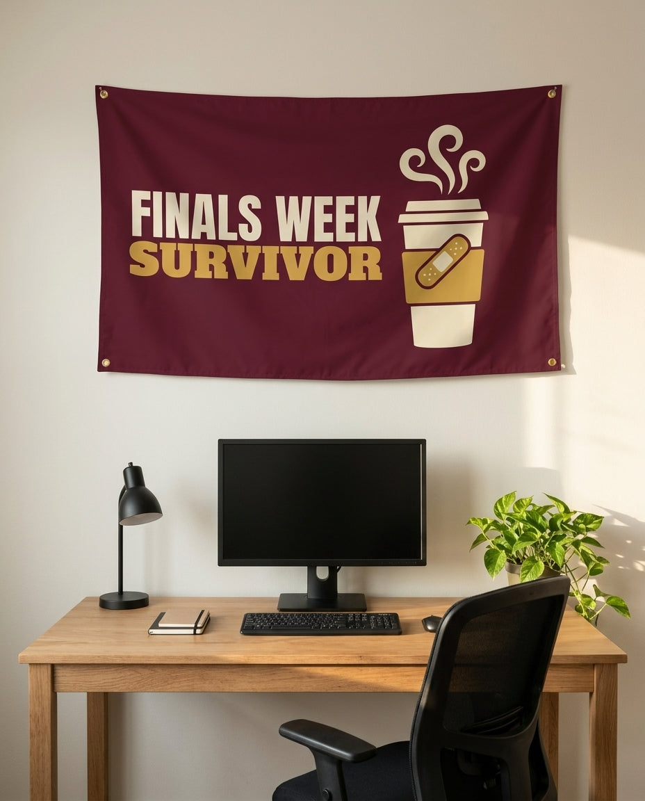 Finals Week Survivor 3x5 flag on a home office wall