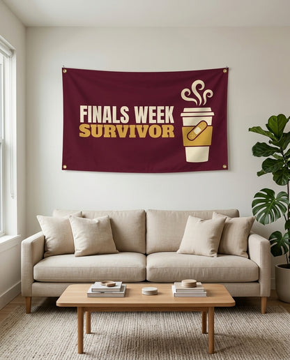 Finals Week Survivor flag used as living room wall decor