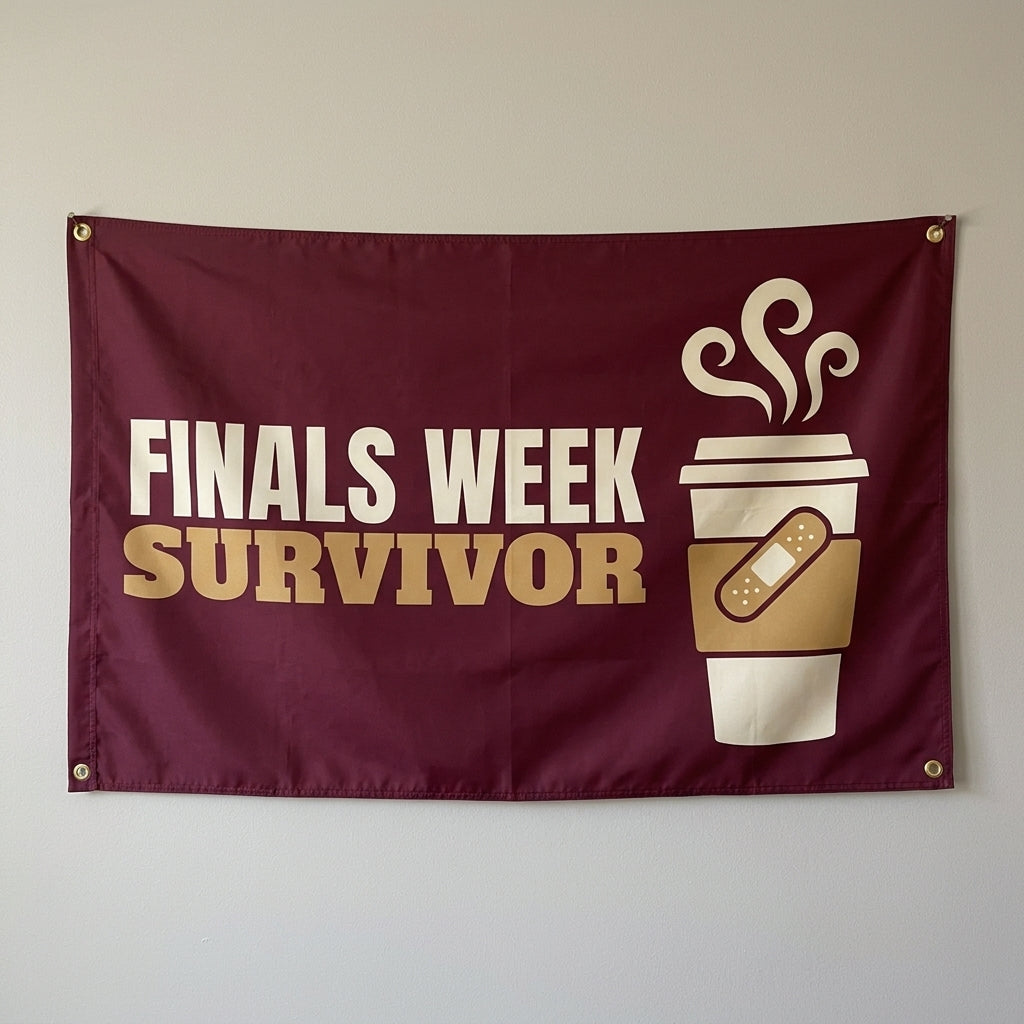 Finals Week Survivor flag 3x5 in maroon with a coffee cup with a bandage, hung on a wall
