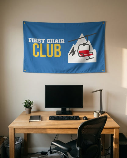 First Chair Club 3x5 flag on a home office wall
