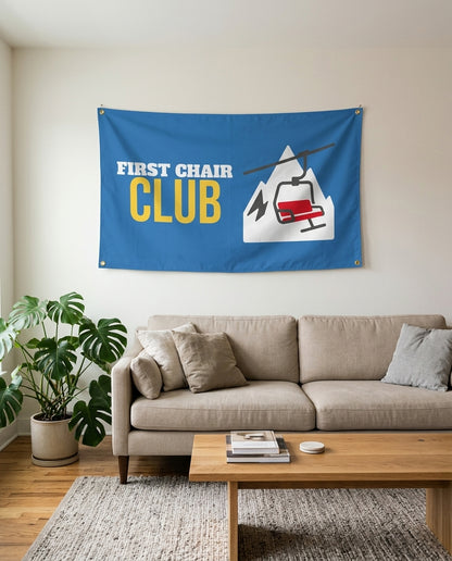 First Chair Club flag used as living room wall decor