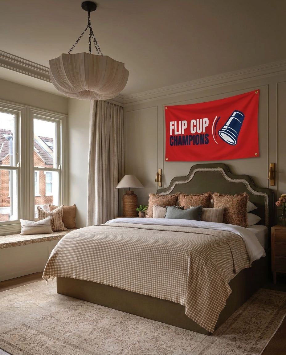 Flip Cup Champions party wall flag hanging in a bedroom
