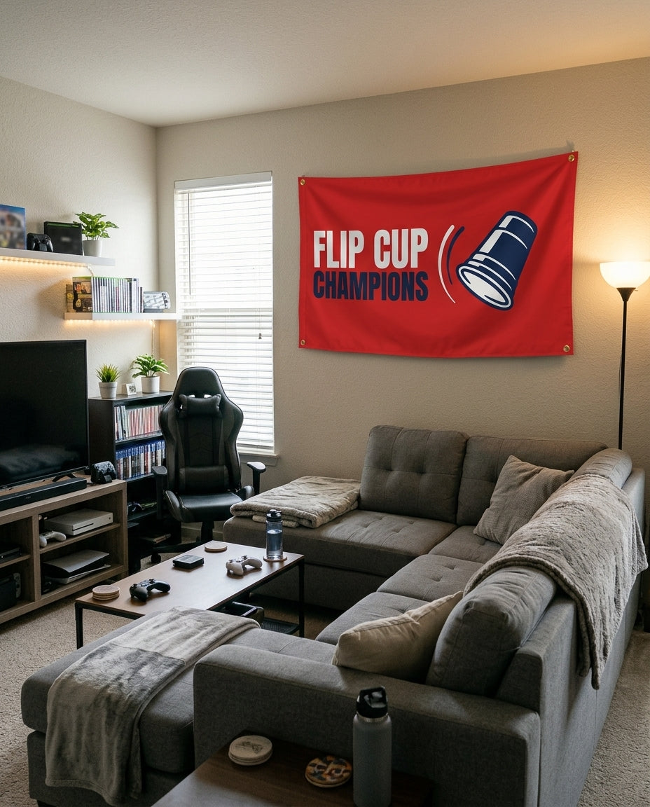 Flip Cup Champions flag decorating a game room wall