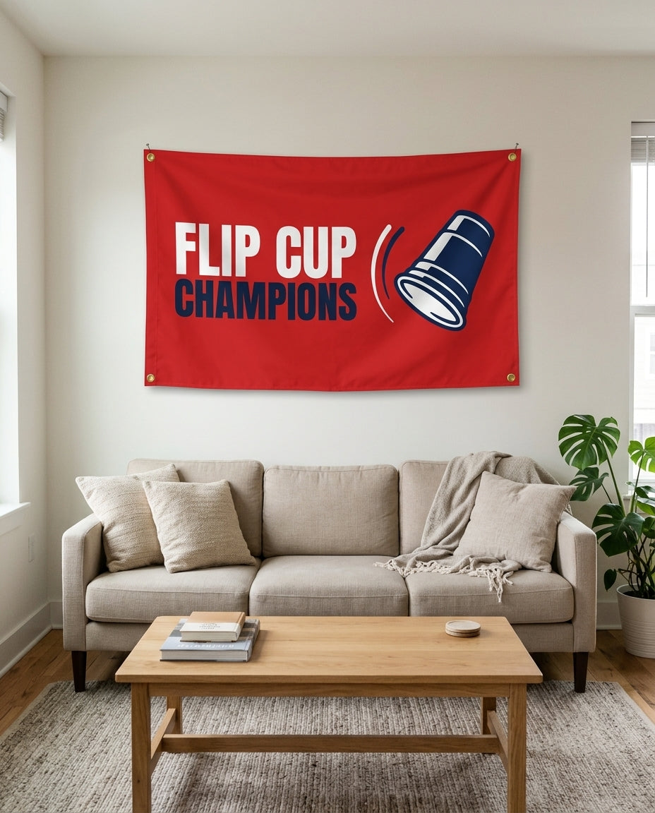 Flip Cup Champions flag used as living room wall decor