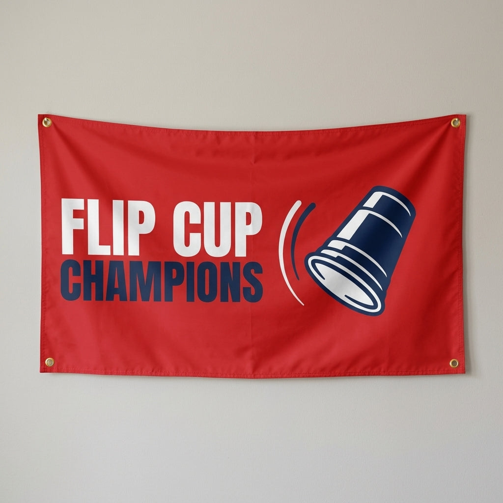 Flip Cup Champions flag 3x5 in red with a flipping cup, hung on a wall