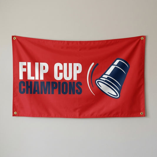Flip Cup Champions flag 3x5 in red with a flipping cup, hung on a wall