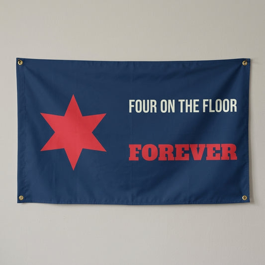 Four On The Floor Forever flag 3x5 in navy with a red six-pointed star, hung on a wall