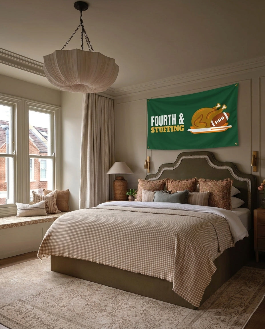 Fourth And Stuffing football wall flag hanging in a bedroom