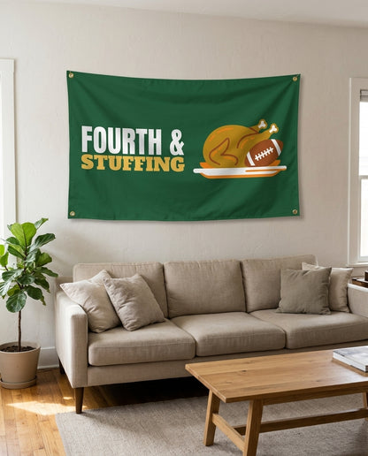 Fourth And Stuffing flag used as living room wall decor