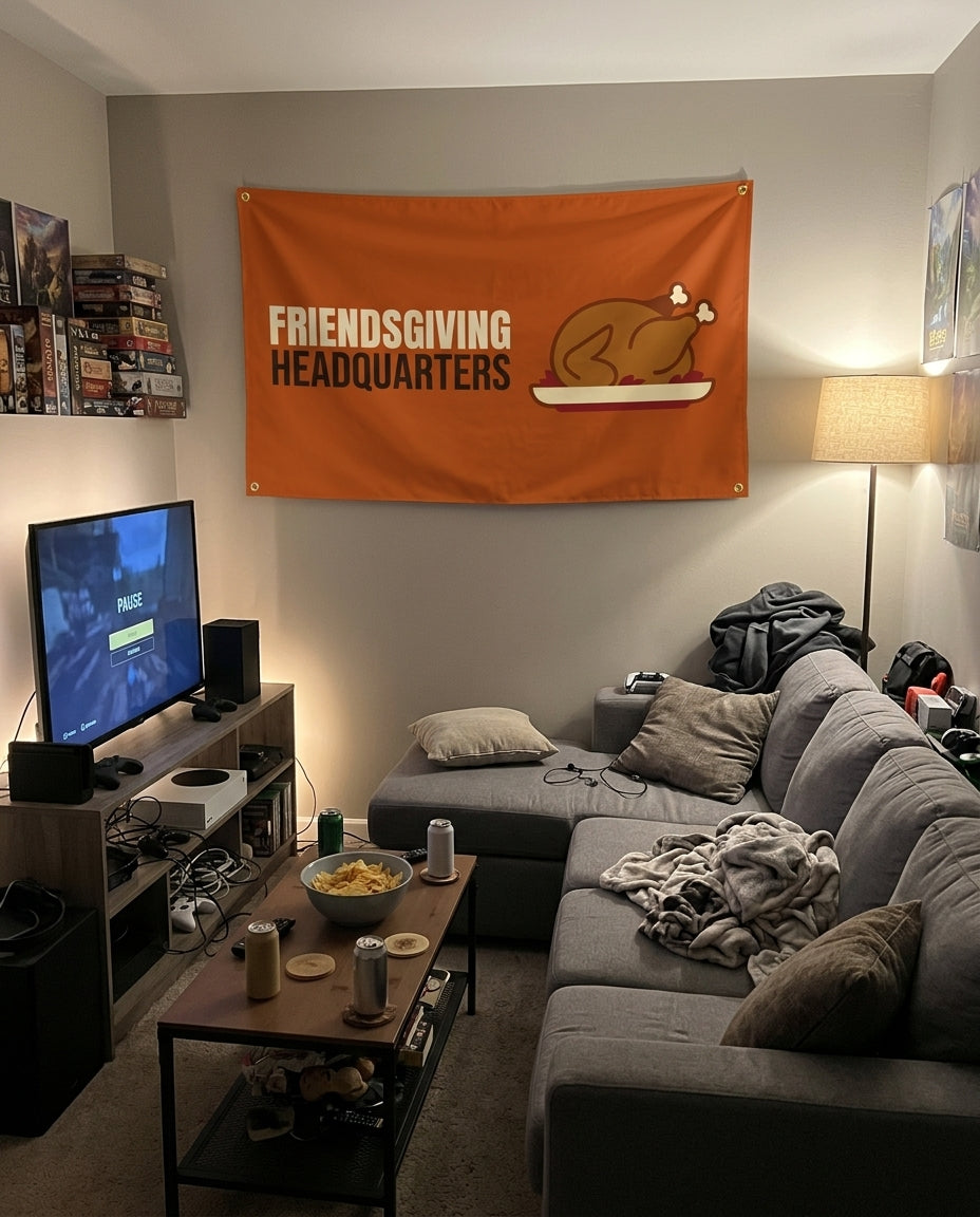 Friendsgiving Headquarters flag decorating a game room wall