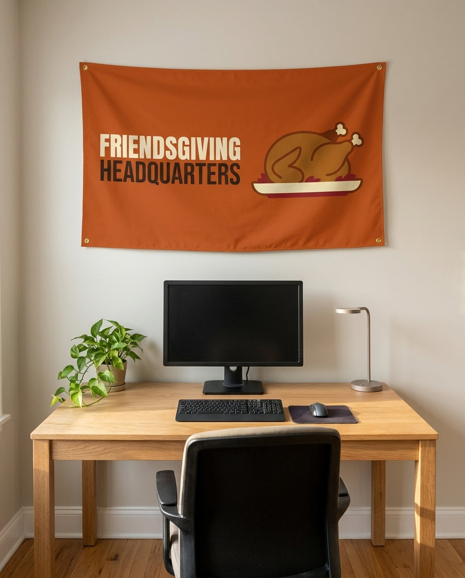 Friendsgiving Headquarters 3x5 flag on a home office wall
