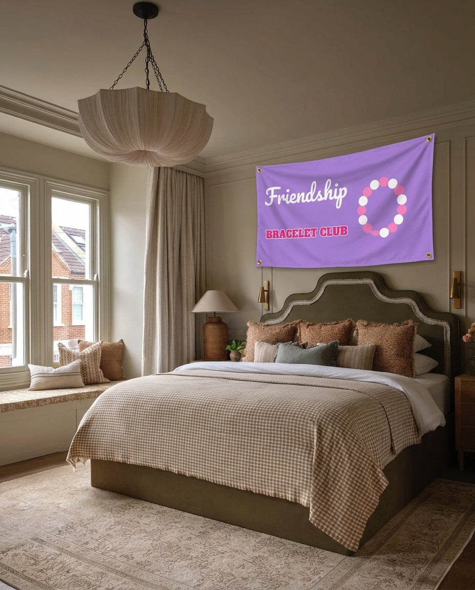 Friendship Bracelet Club music wall flag hanging in a bedroom