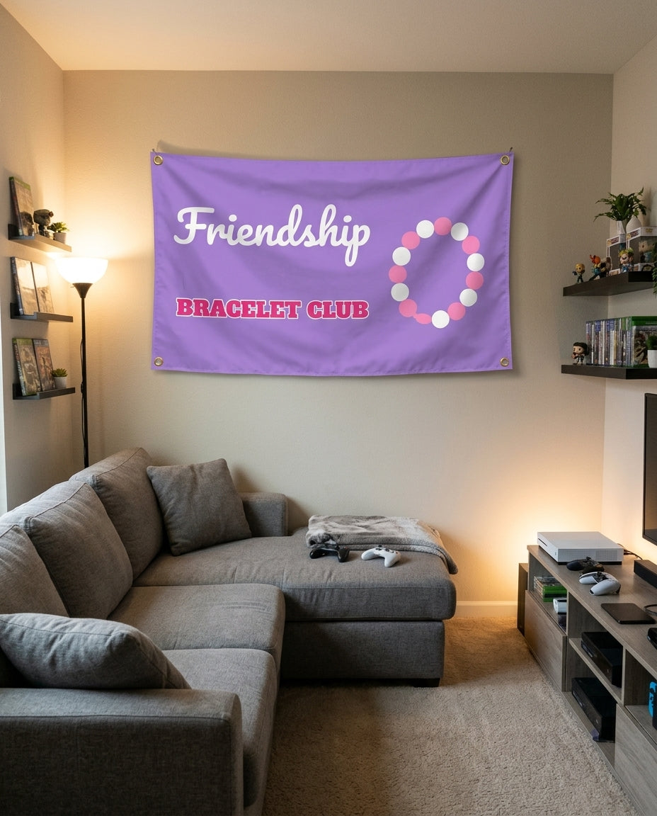 Friendship Bracelet Club flag decorating a game room wall