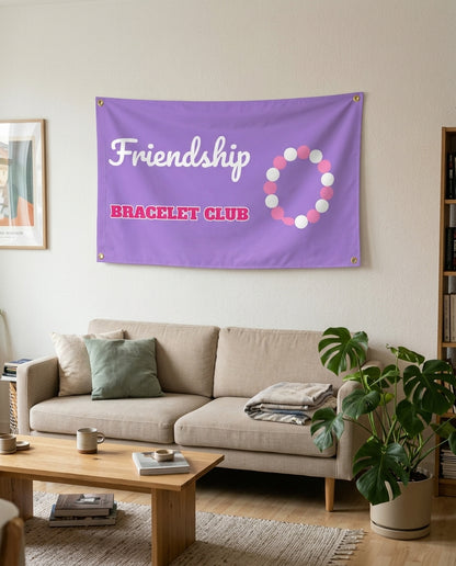 Friendship Bracelet Club flag used as living room wall decor