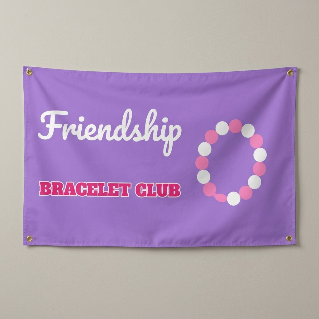 Friendship Bracelet Club flag 3x5 in lavender with a beaded bracelet, hung on a wall