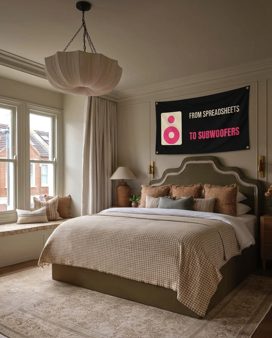 From Spreadsheets To Subwoofers music wall flag hanging in a bedroom