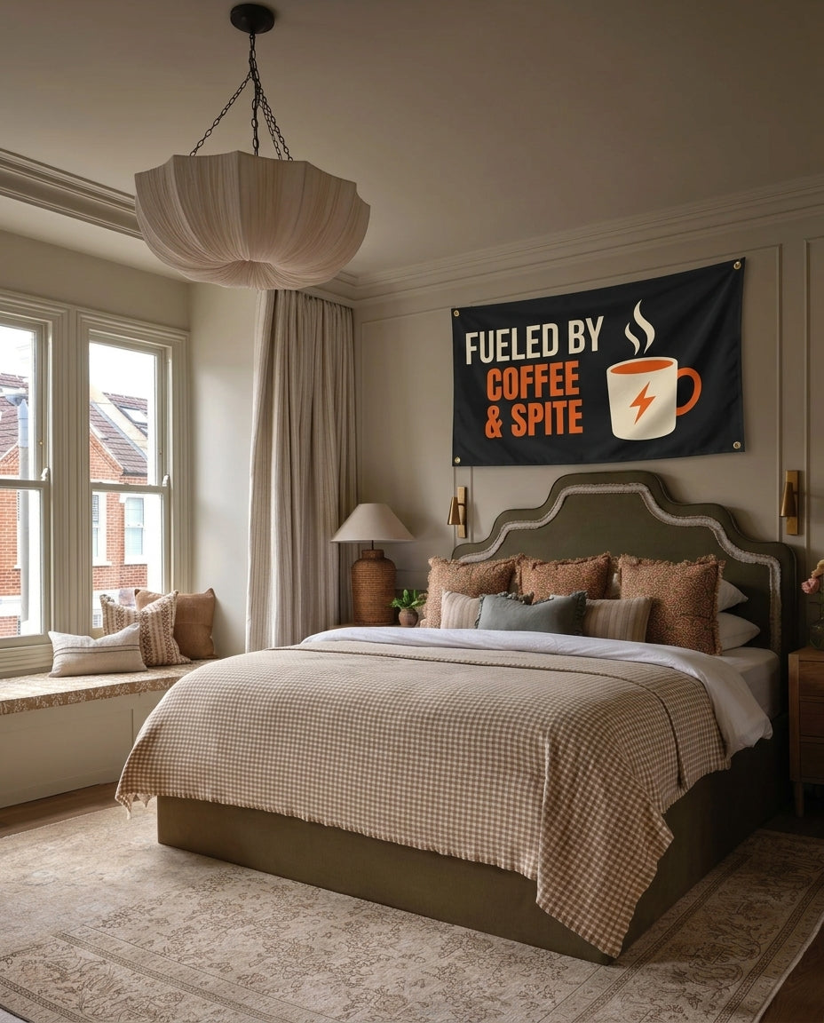 Fueled By Coffee And Spite funny wall flag hanging in a bedroom