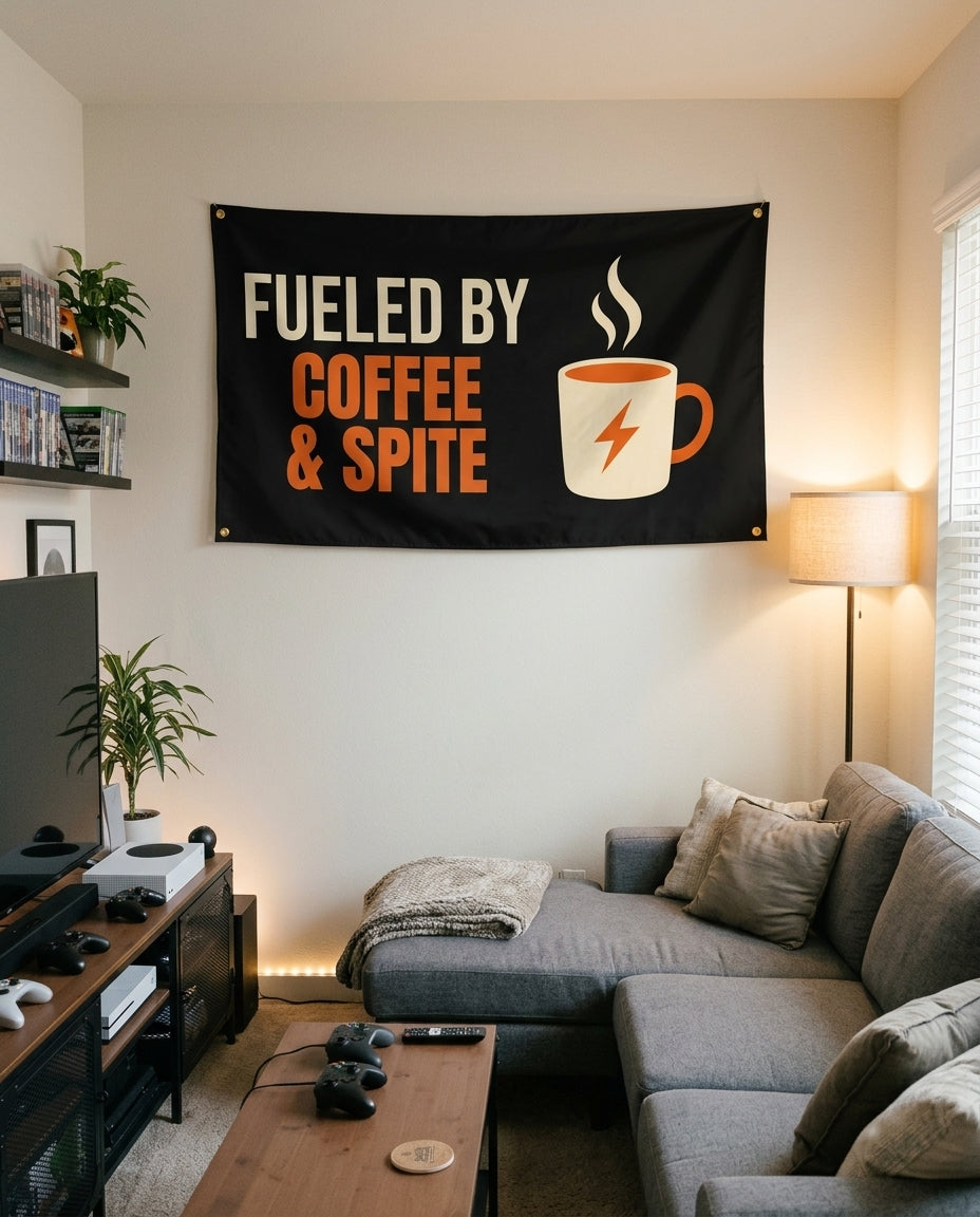 Fueled By Coffee And Spite flag decorating a game room wall