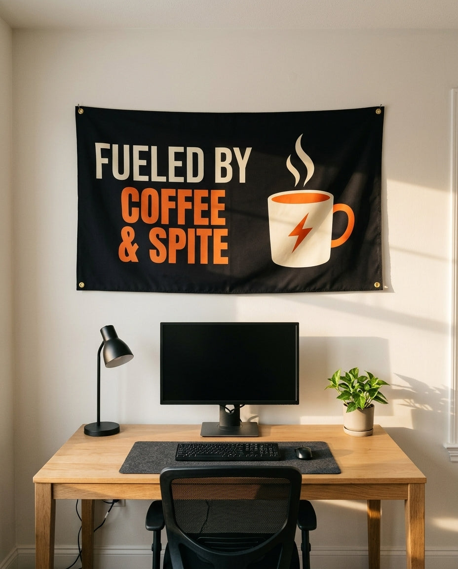 Fueled By Coffee And Spite 3x5 flag on a home office wall