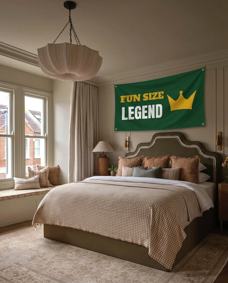 Small But Mighty Legend funny wall flag hanging in a bedroom